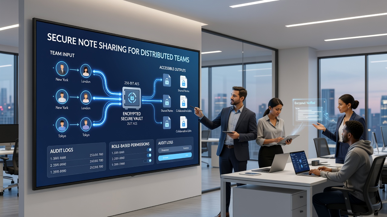 Team members collaborating via secure digital notes in a distributed SaaS workspace
